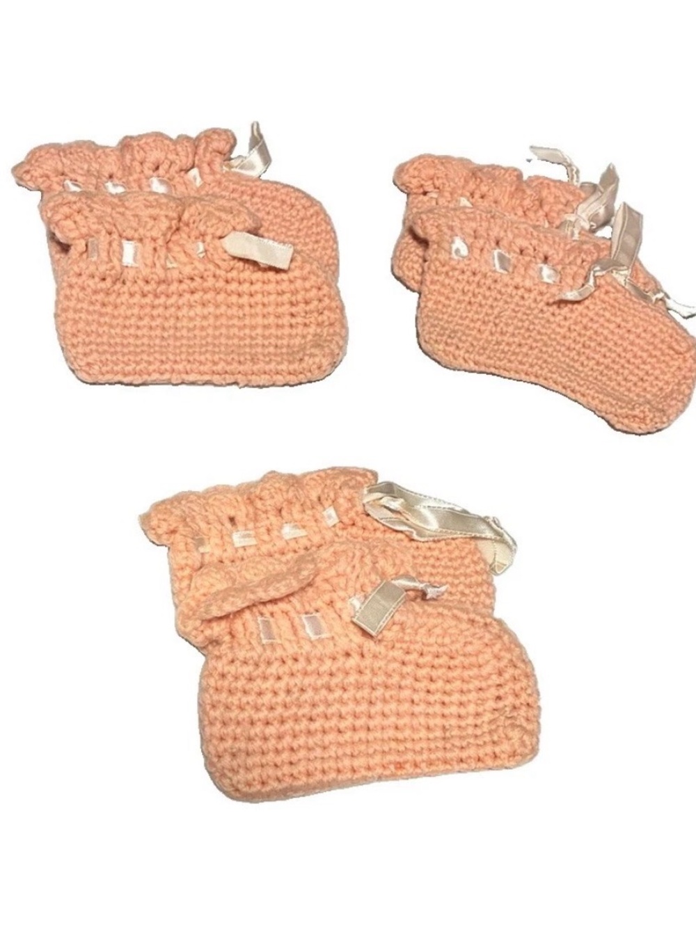 Lot of 3 vintage Handmade Peach Crochet Baby Booties with Ribbon